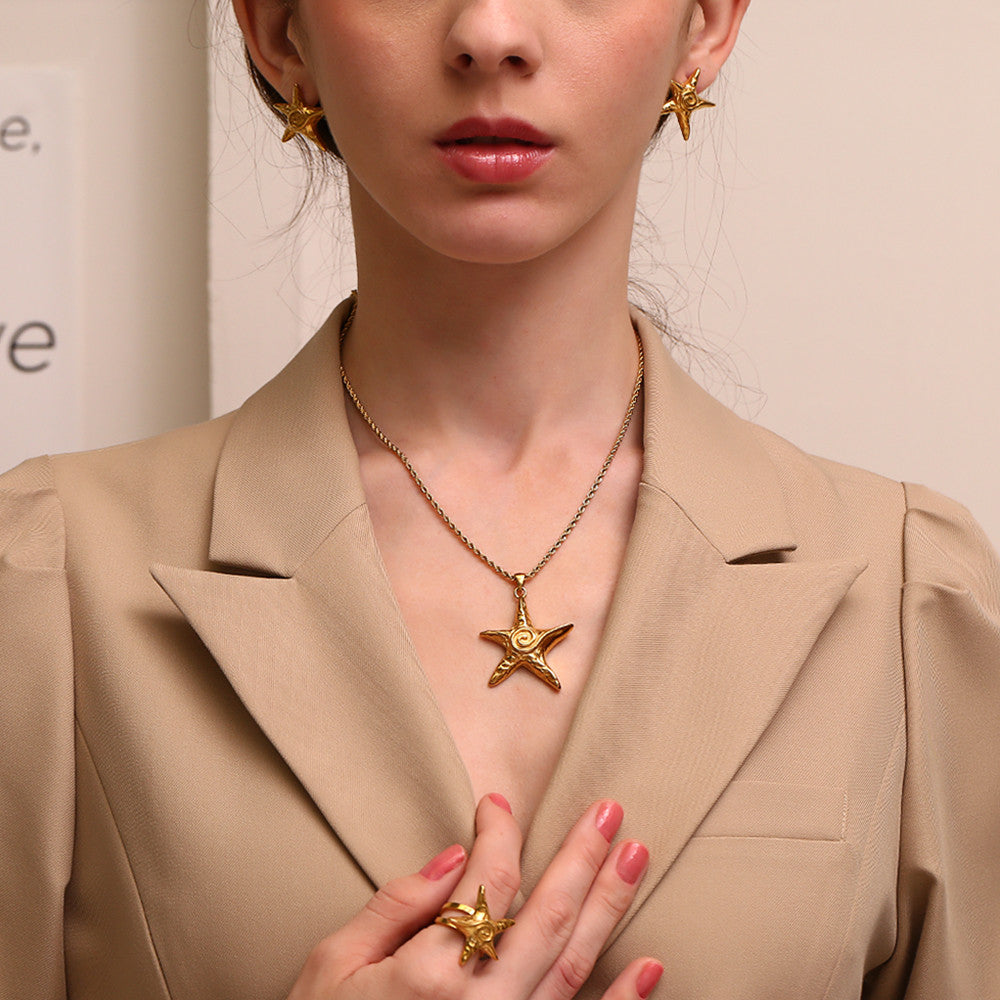 Ladies 18k Gold Starfish Necklace Earrings Ring Waterproof Stainless Steel Jewelry Set