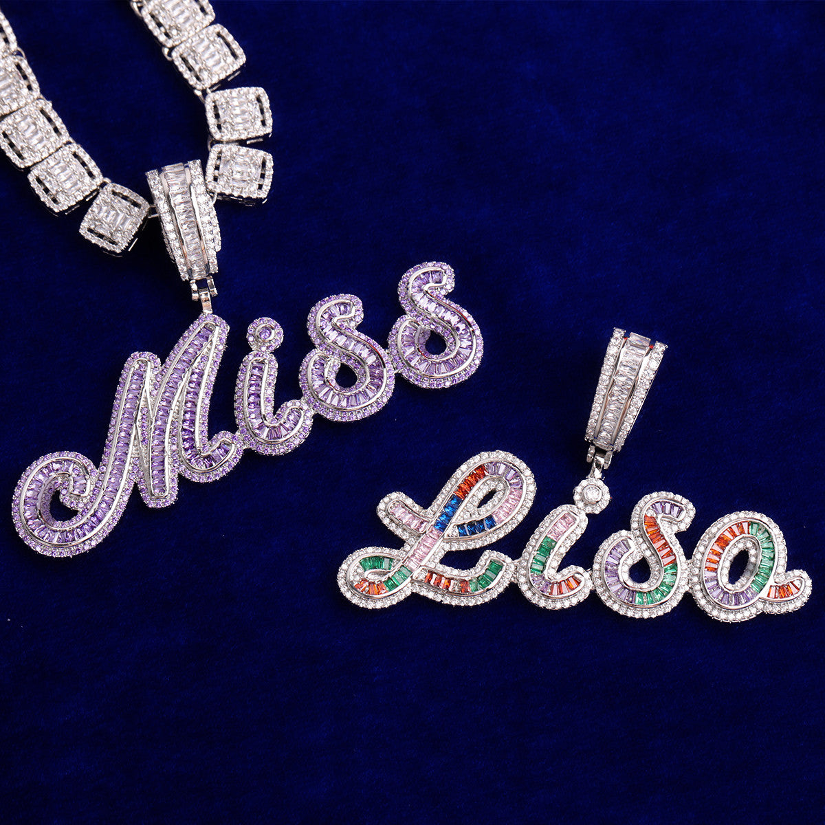Candy Elegance | Colorful VVS Diamond CZ Baguette Custom Script Bling Necklace