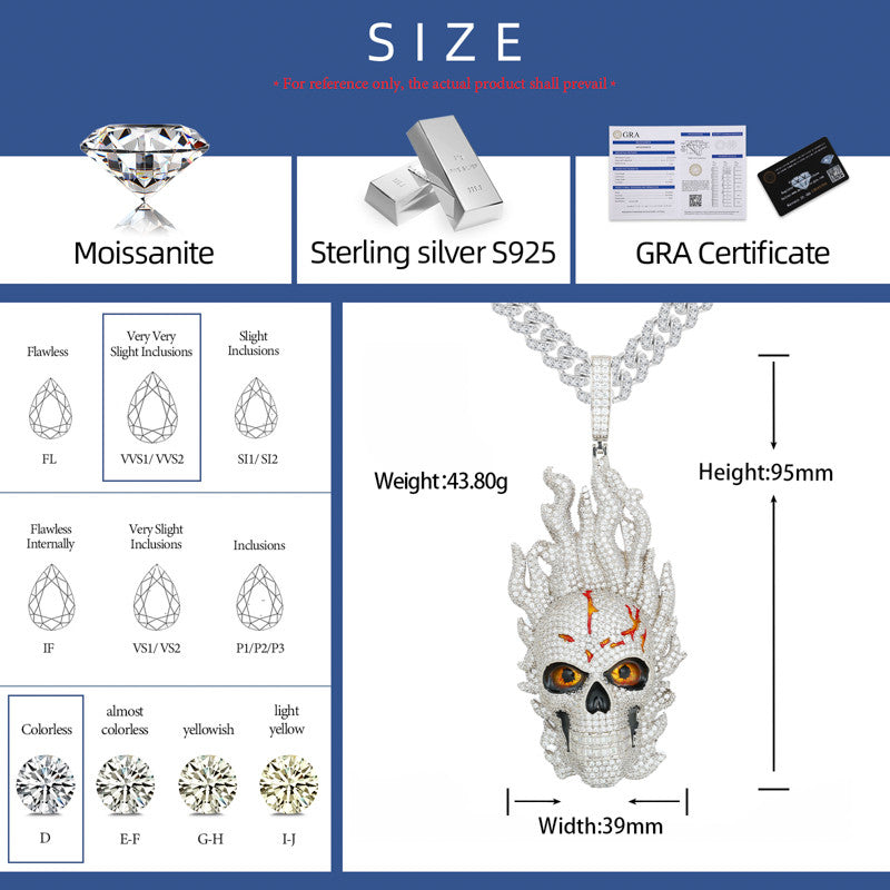 Fire Skull | Solid Sterling Silver VVS Diamond Moissante Hip Hop Pendant