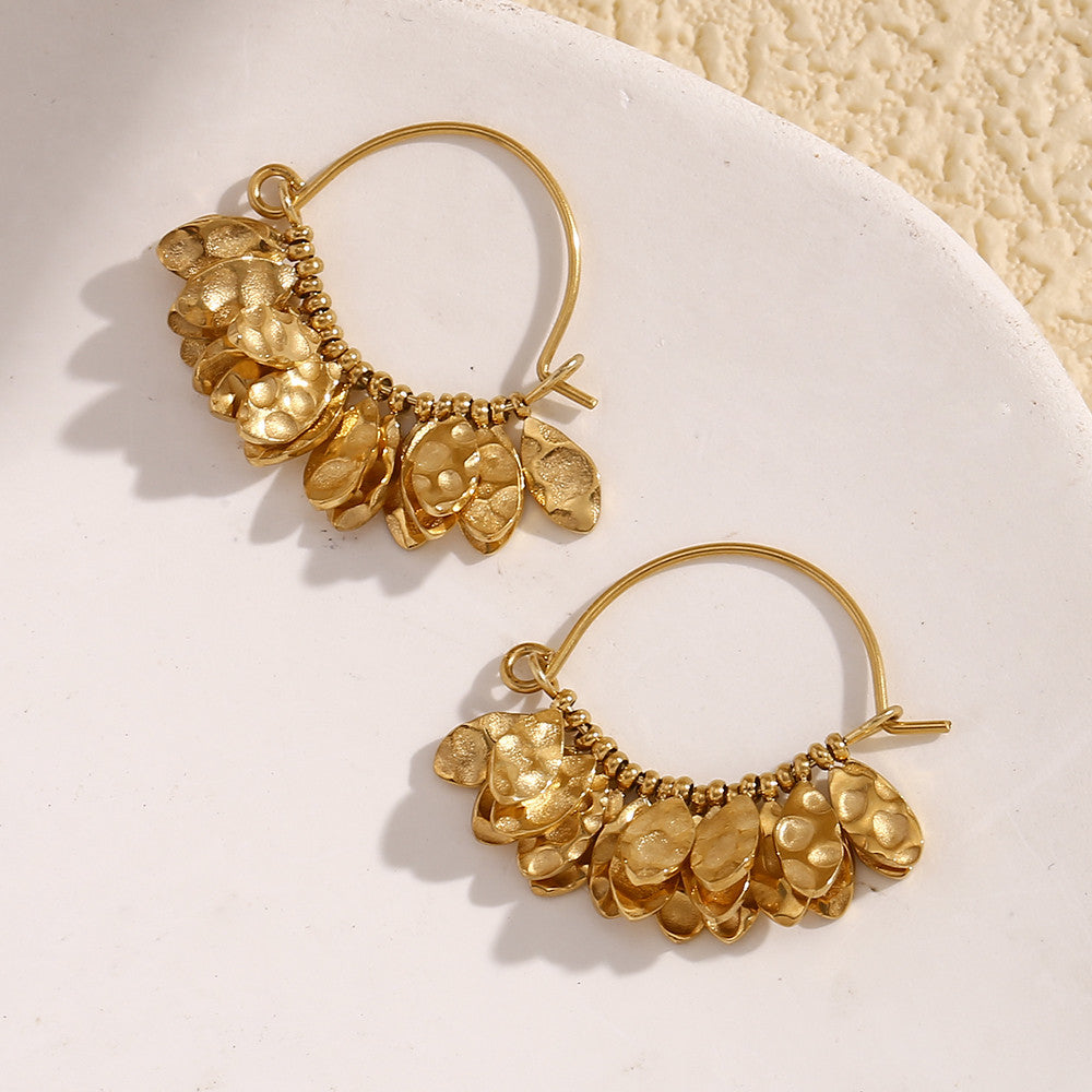 Stainless Steel 18k Gold Elegant Hammered Leaf Pattern Designer Style Earrings
