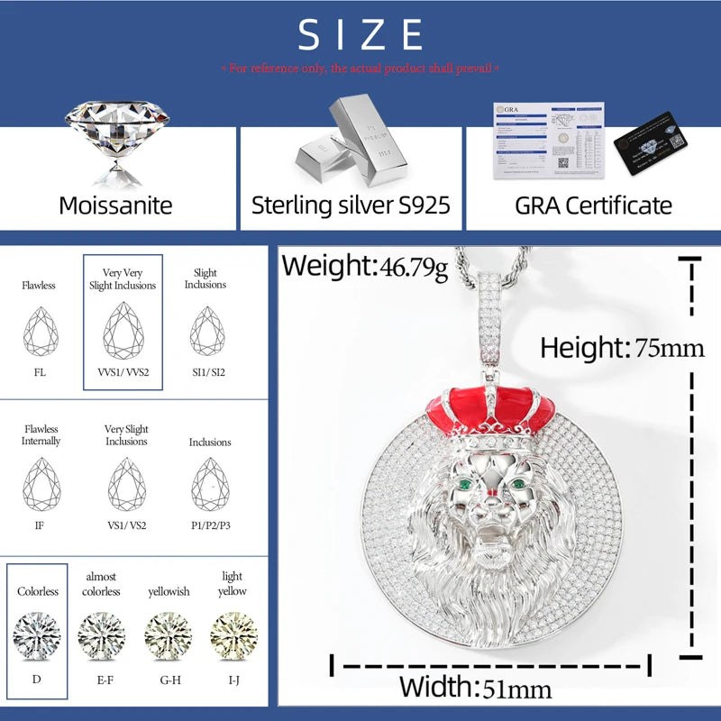 True King | Solid 925 Silver Moissanite Diamond Iced Blinged Out King Lion Pendant