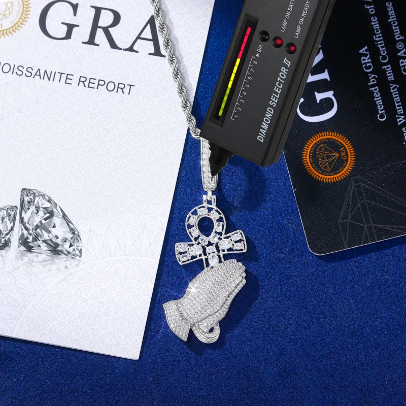 OG Praying Hands | Ancient African Moissanite Diamond Original Ankh Cross Prayer Hand Pendant