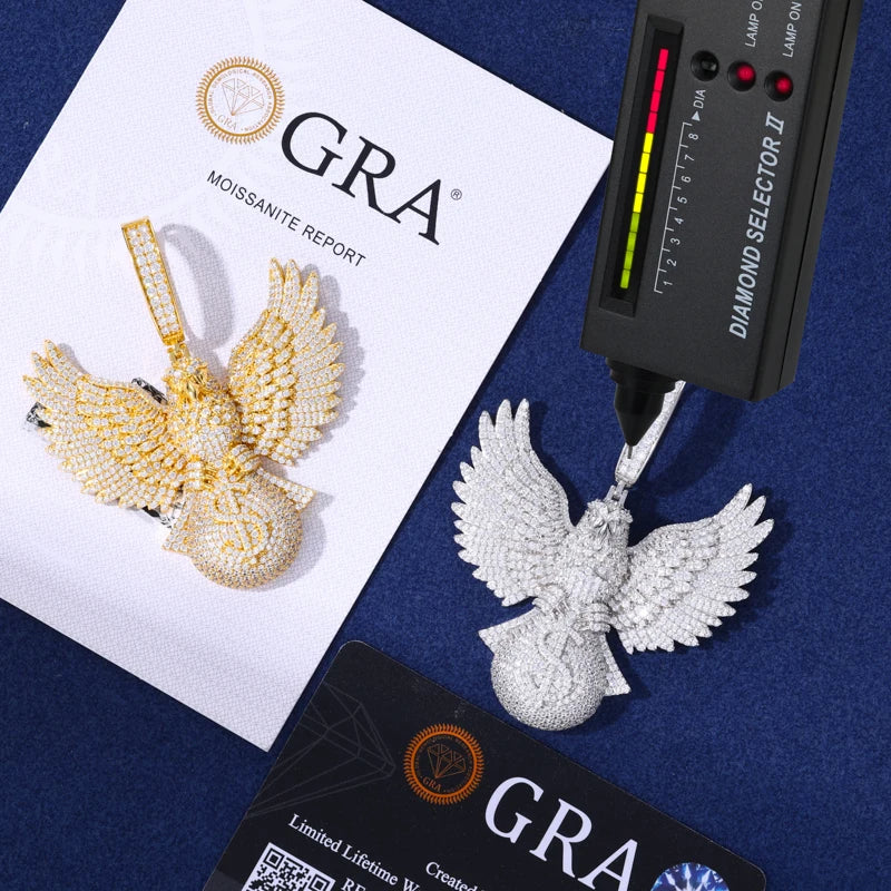 Fly High | Moissanite Diamond 925 Silver Soaring Eagle Holding Money Bag Iced Pendant