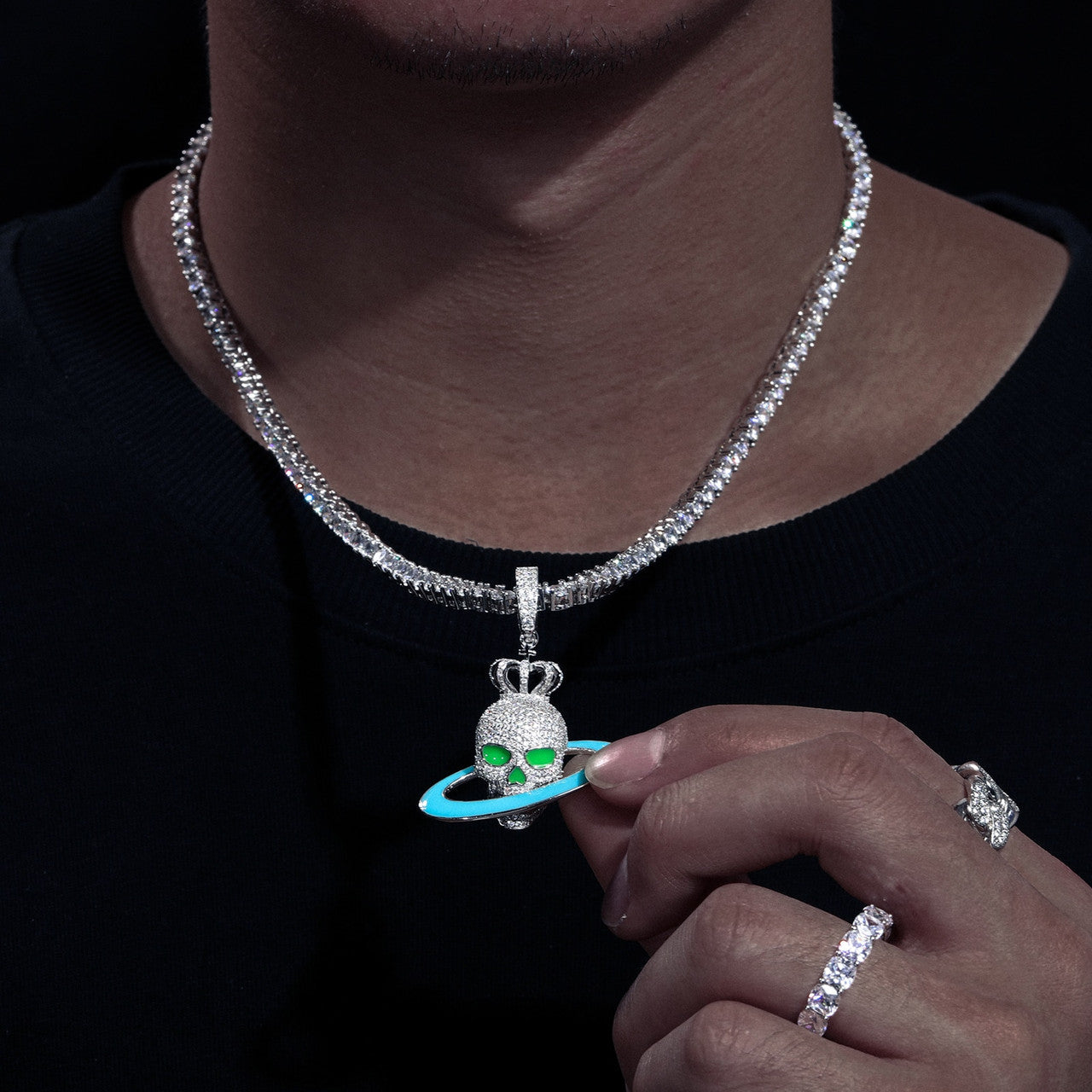 Mens Genuine Diamond Skull Head rings Of Saturn 925 Sterling Silver Hip Hop Pendant Chain