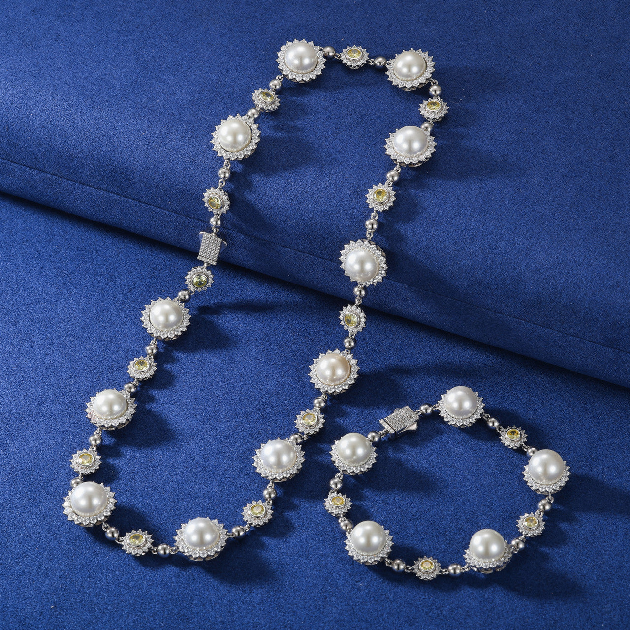 Pearl Sun | Moissanite Diamond Solid Sterling Silver Pearl Hip Hop Chain Necklace Bracelet Set