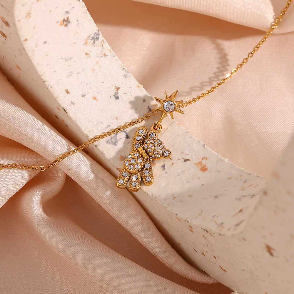Ladies 18k Gold Rhinestone Teddy Bear Stainless Steel Waterproof Pendant Necklace