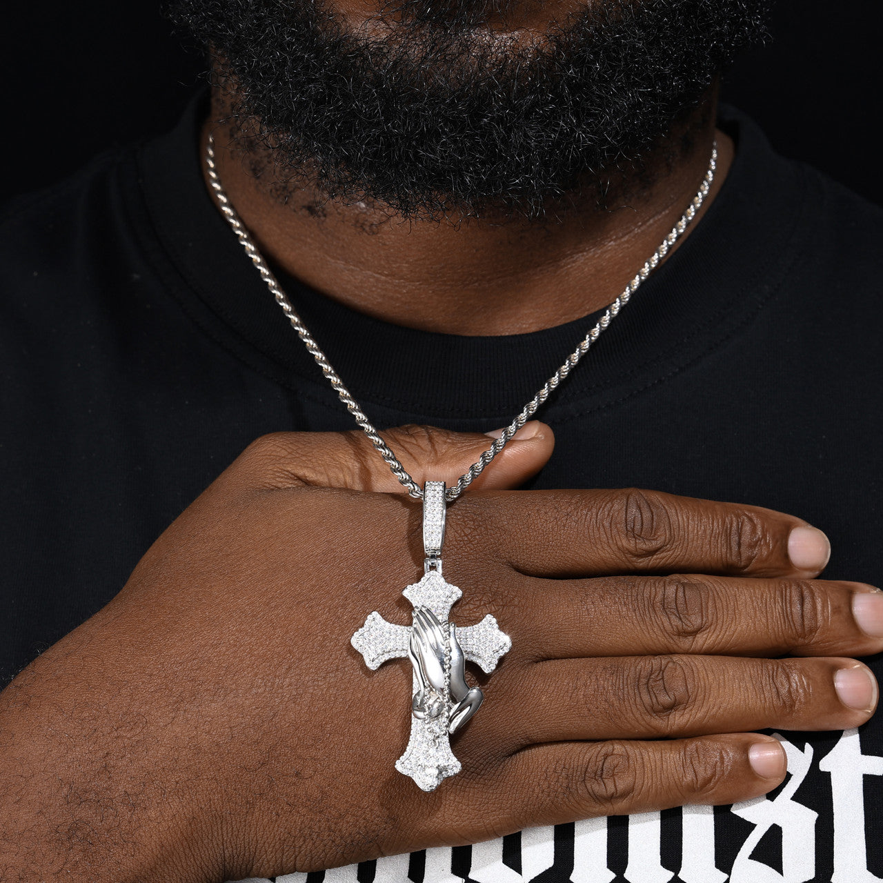 The Power Of Prayer | Solid 925 Silver Prayer Hands Cross Moissanite Diamond Hip Hop Pendant