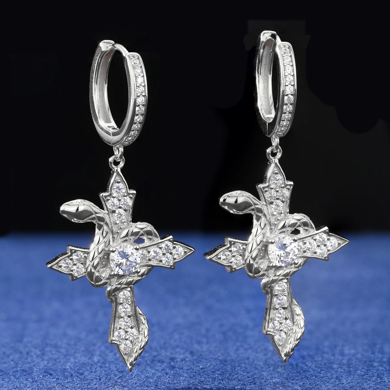 Serpent Arrow Cross | Iced Blinged Out Moissanite Diamond Huggie Dangle 925 Silver Earrings