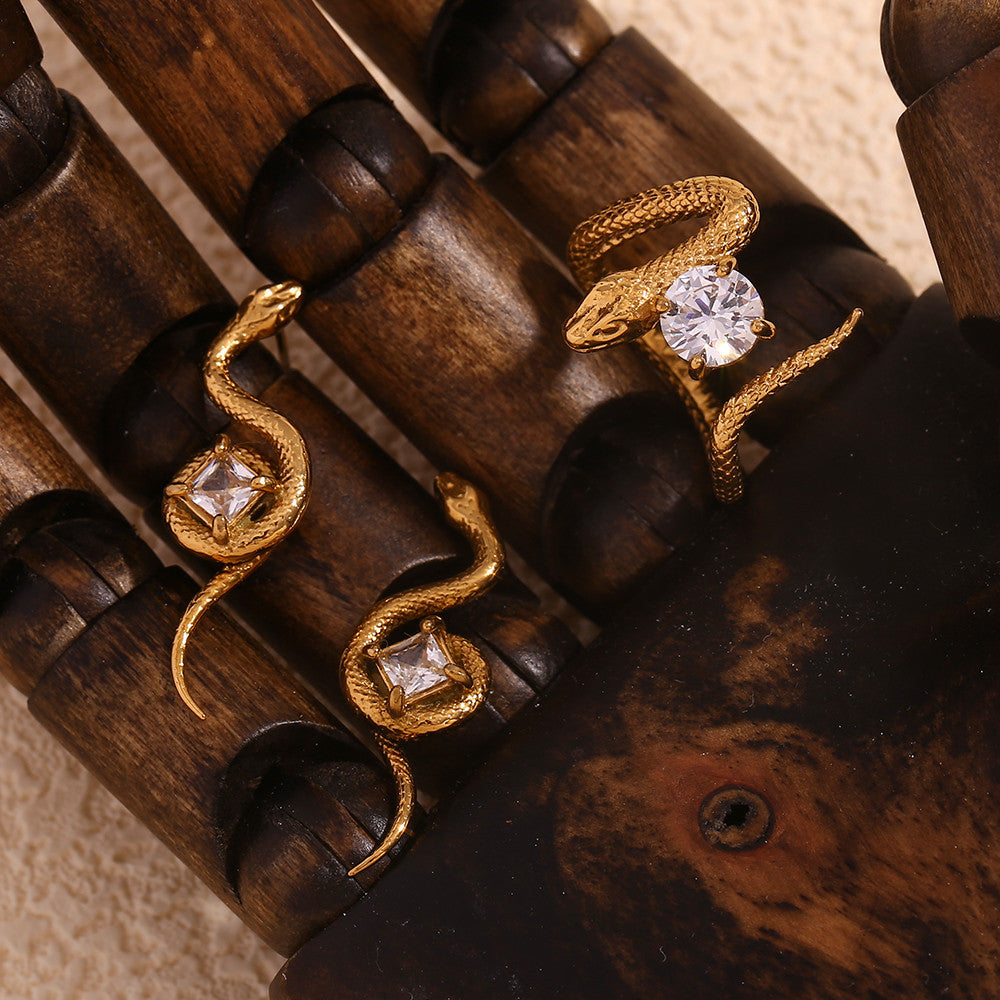 Ladies 18k Gold Waterproof Snake Zirconium Stainless Steel Ring Earring Set