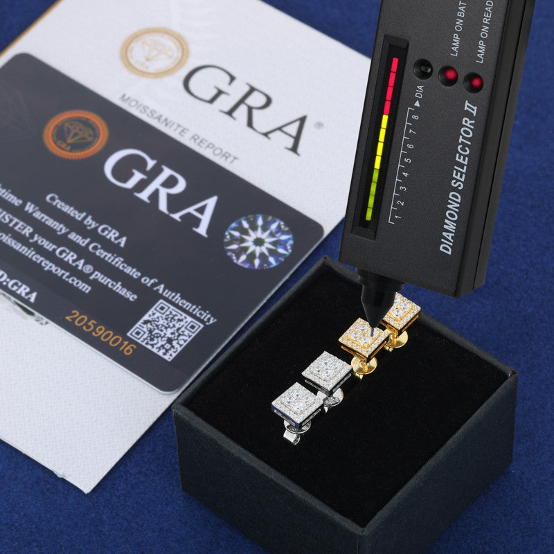 Solid 925 Sterling Silver Luxury Moissanite Diamond Square Stud Hip Hop Earrings