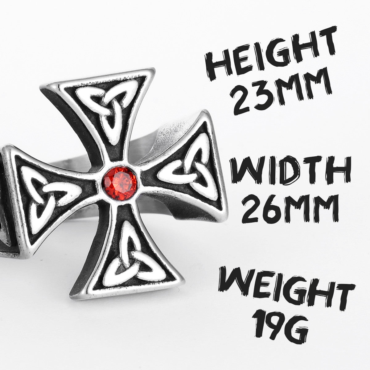 Celtic Knot | No Fade Solid Stainless Steel Biker Cross Red Stone Rings