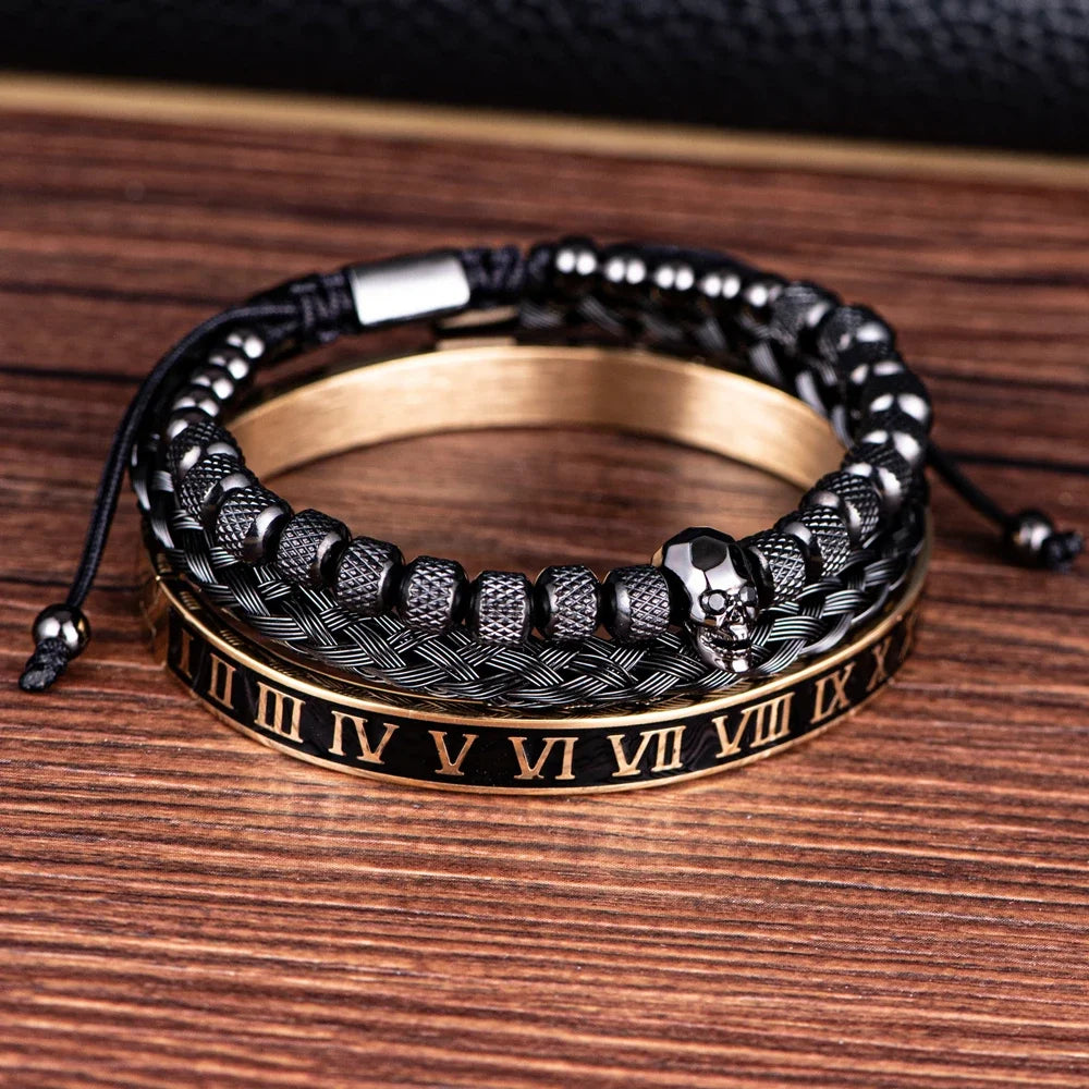 Skull Charm | No Fade Stainless Steel Black Roman Numeral Luxury Men's Bracelets