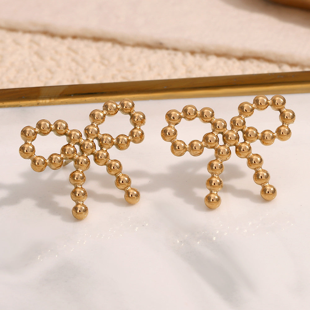 The Prize | 18k Gold Stainless Steel Waterproof Elegant Tiny Round Beads Bowknot Stud Earrings
