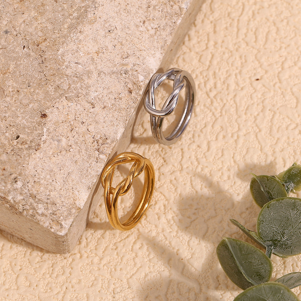 Ladie's 18k Gold Silver Waterproof Simple Knot Double Layered Couple Rings