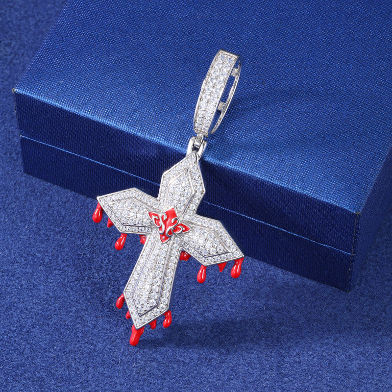 Blood Ties | Solid 925 Sterling Silver Moissanite Diamond Hip Hop Blood Drip Cross Pendant