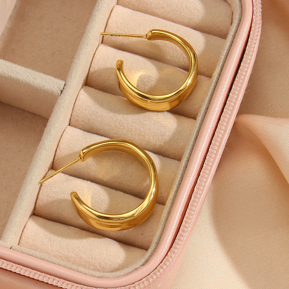 Stainless Steel Waterproof Textured 18k Gold High Polished Hoop Earrings