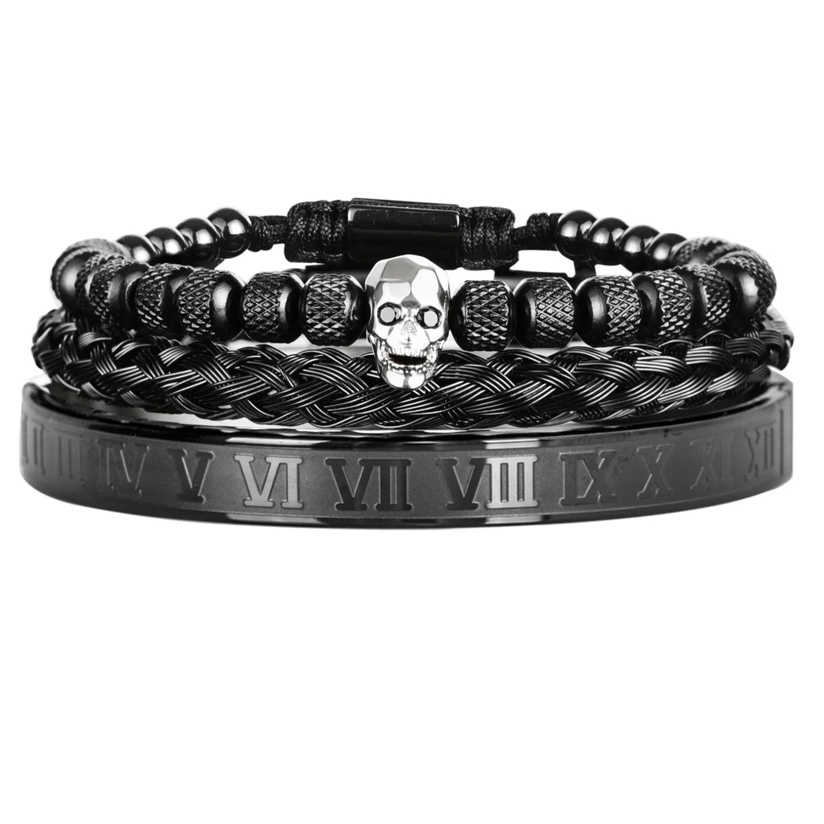 Skull Charm | No Fade Stainless Steel Black Roman Numeral Luxury Men's Bracelets