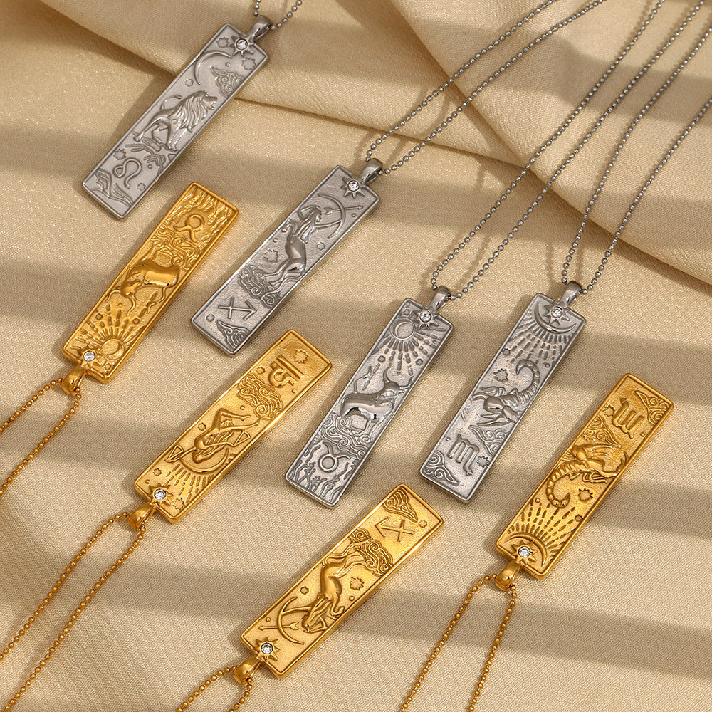 Ladies 18k Gold Waterproof Stainless Steel Rectangle Shape 12 Constellation Pendant Necklace