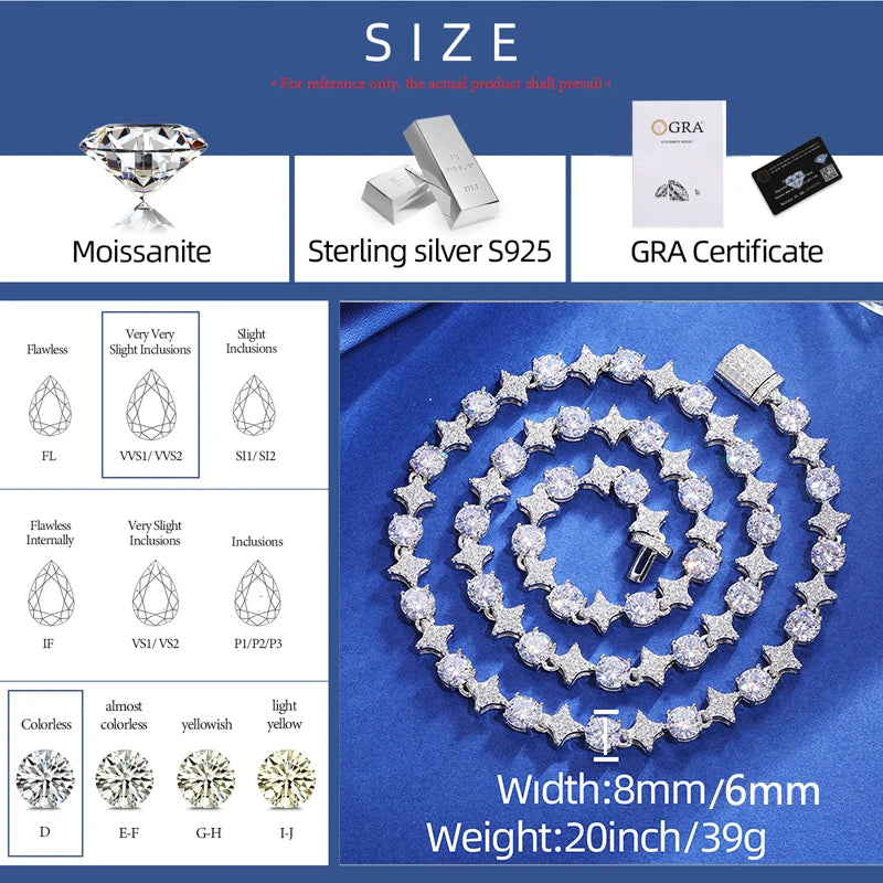 Circle Stars | 925 Solid Sterling Silver Diamond Moissanite Iced Hip Hop Chain Necklace