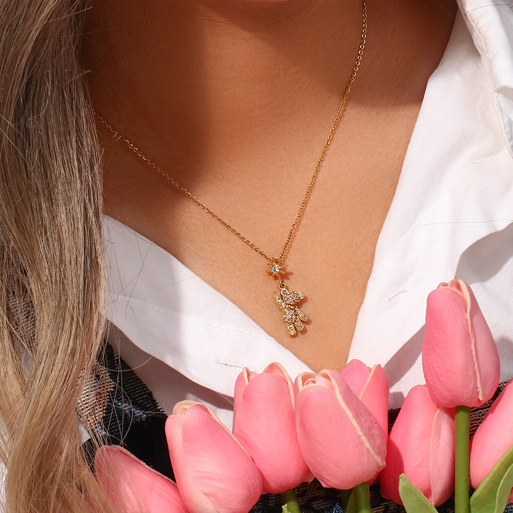 Ladies 18k Gold Rhinestone Teddy Bear Stainless Steel Waterproof Pendant Necklace