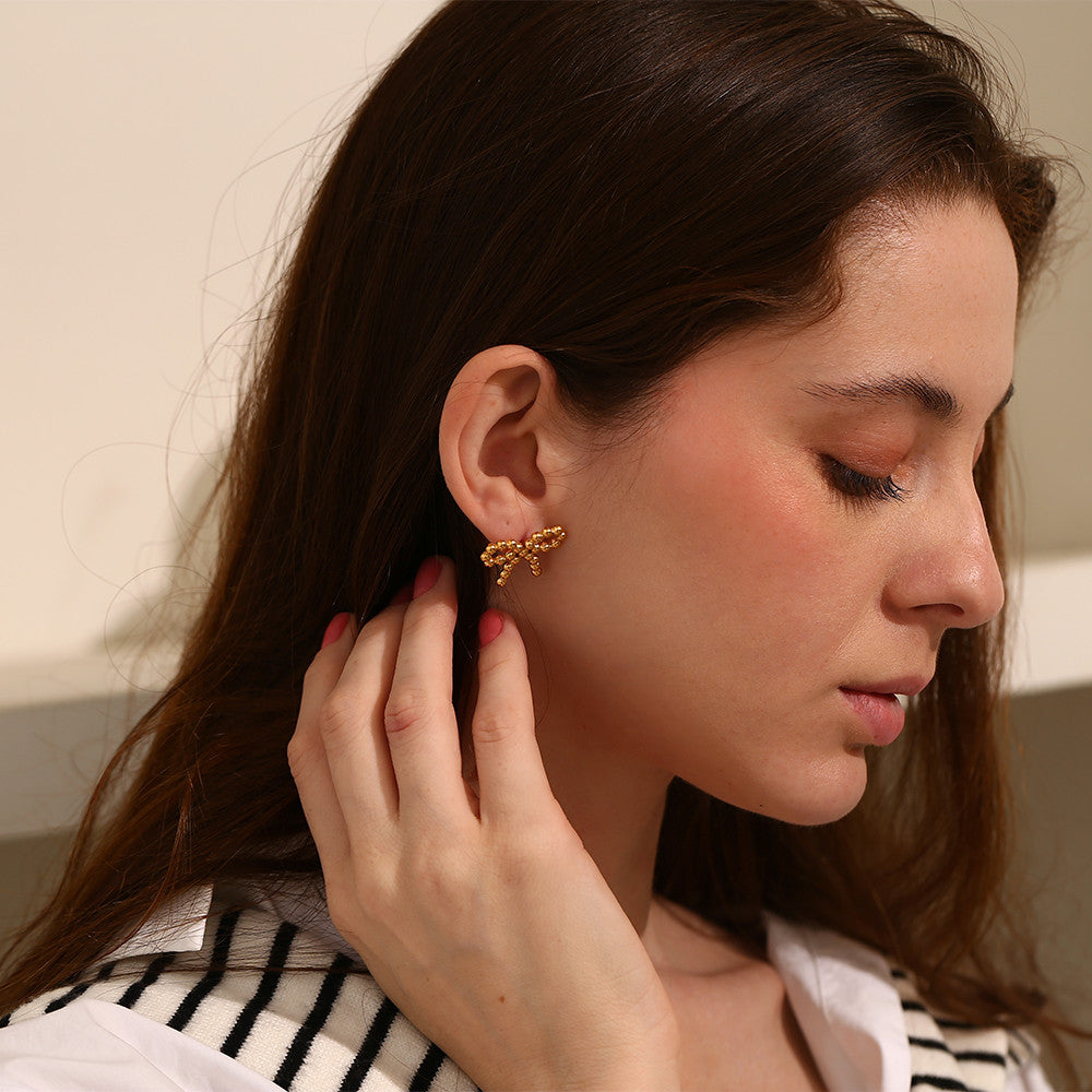 The Prize | 18k Gold Stainless Steel Waterproof Elegant Tiny Round Beads Bowknot Stud Earrings