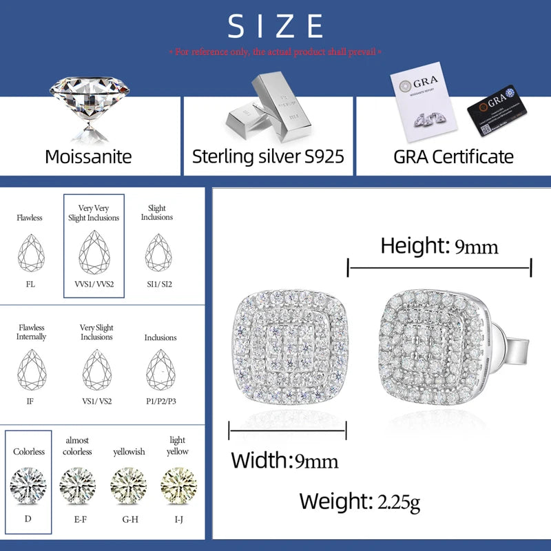 Round Corners | 925 Silver Round Square Hip Hop Moissanite Diamond Stud Earrings