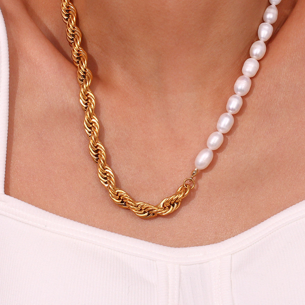 Ladies Bold Twisted Rope Chain Freshwater Pearl Chunky Necklace Bracelet Sets