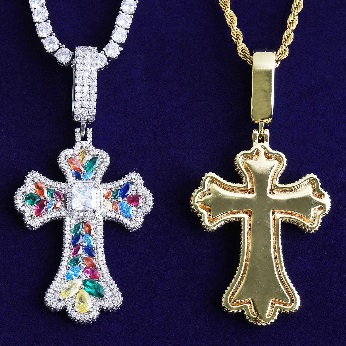 Technicolor Cross | 5AA+ VVS Diamond CZ Centerstone Iced Blinged Out Cross Pendant