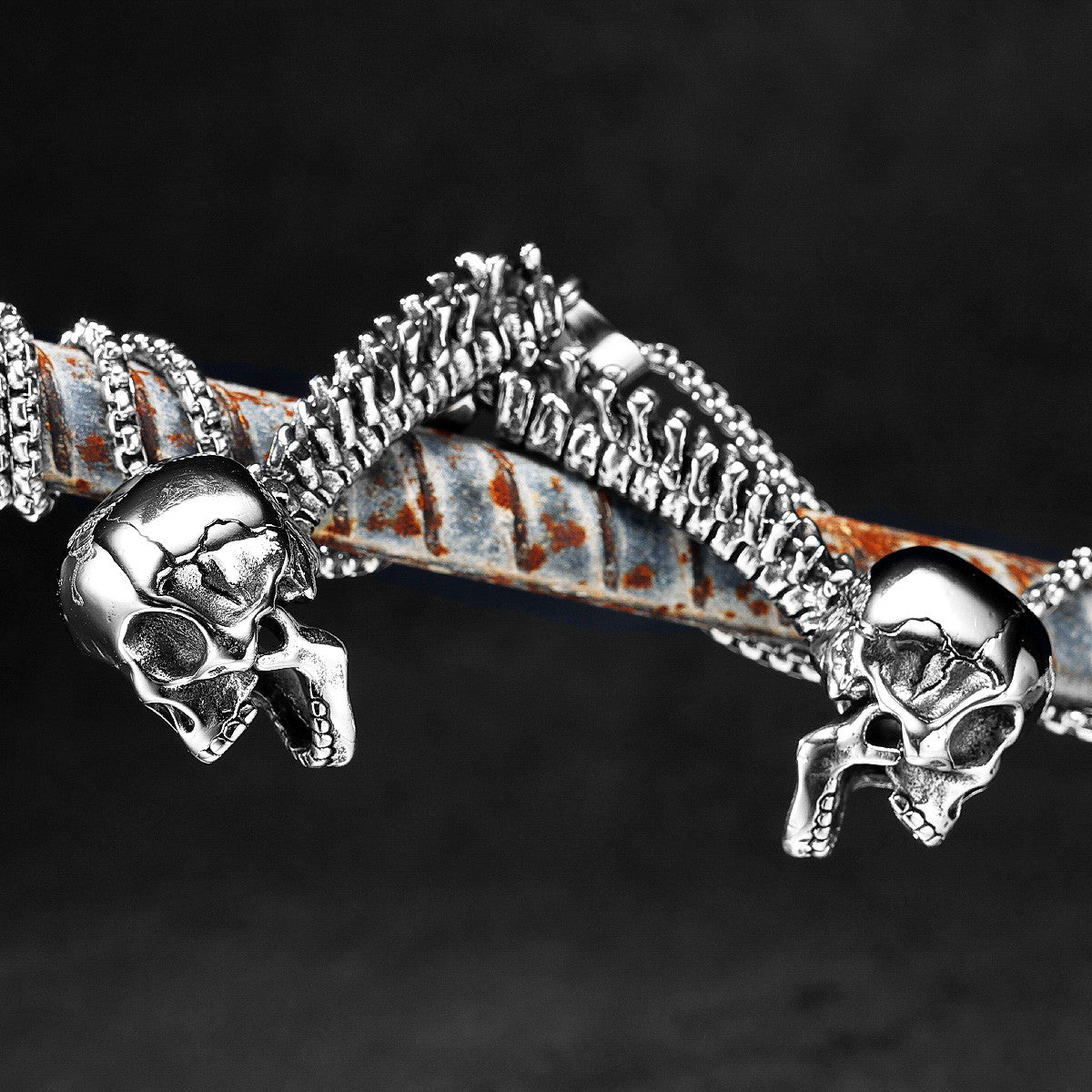 Mens No Fade Stainless Steel Skull Spine Pendant Chain Necklce