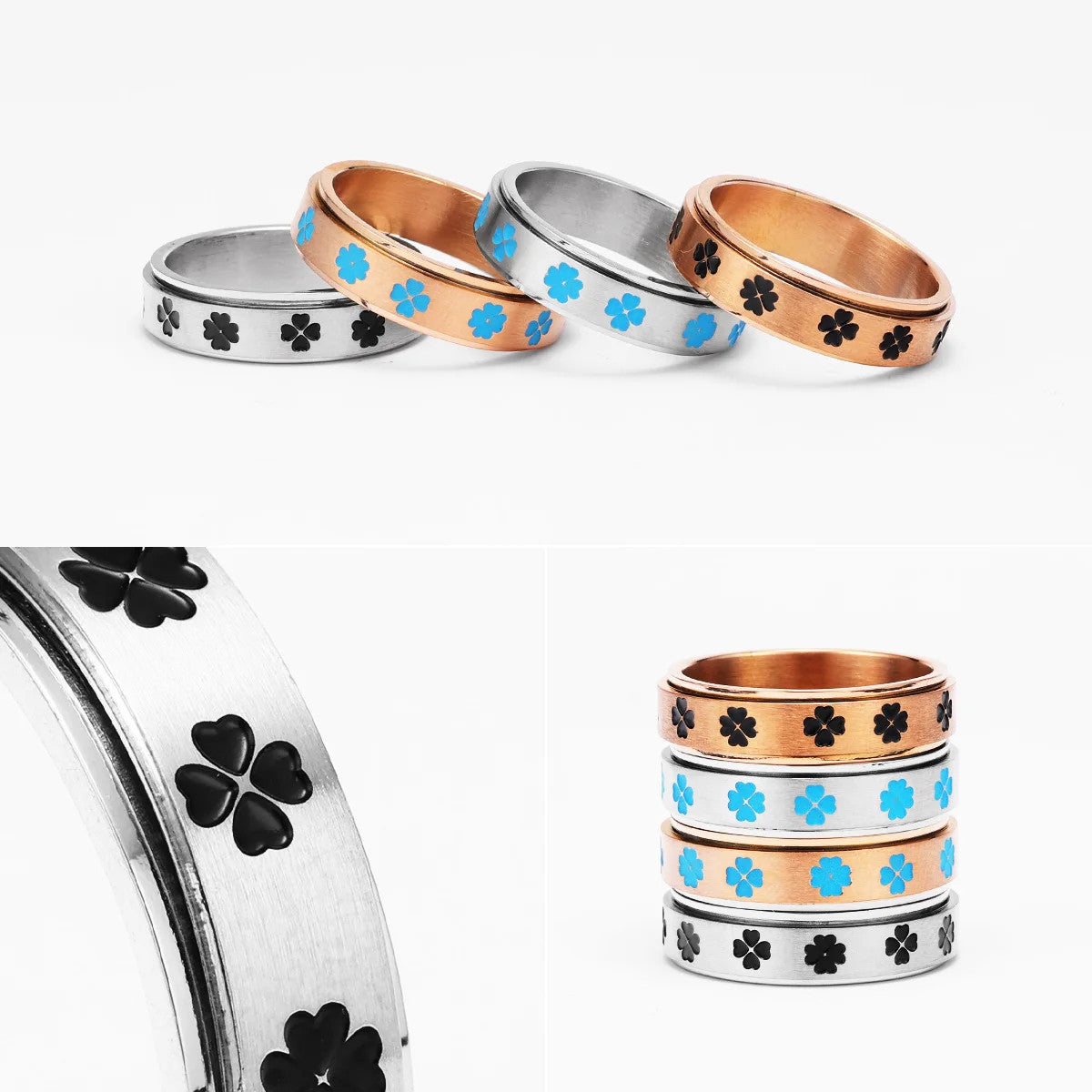 Lucky Clover | No Fade Solid Stainless Four Leaf Clover Fidget Spinner Men's Rings