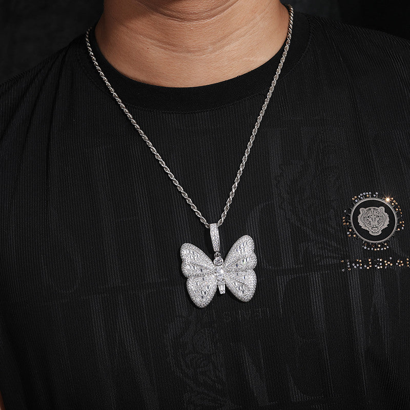 Iced Blinged Out Moissanite Diamond Sterling Silver Butterfly Hip Hop Pendant Necklaces