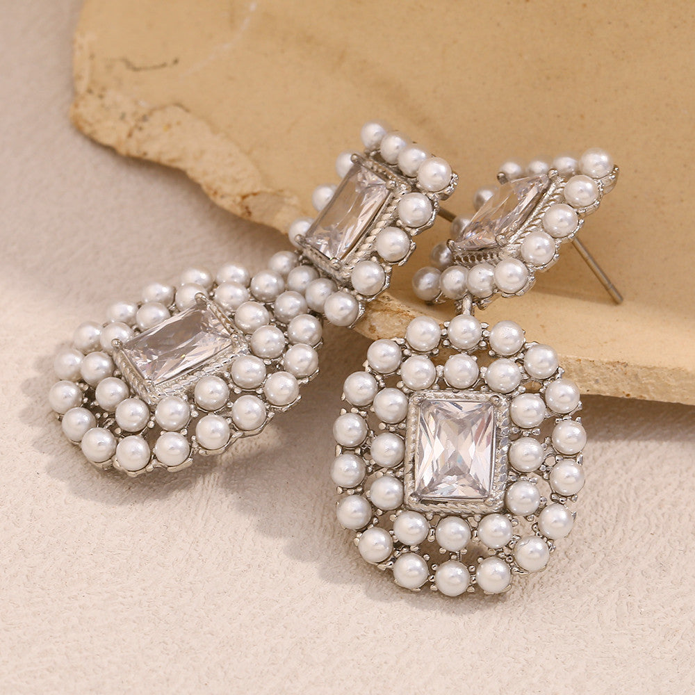 Ladies 18K Gold Waterproof Stainless Steel Luxury Square Zircon Full Pearl Stud Earrings