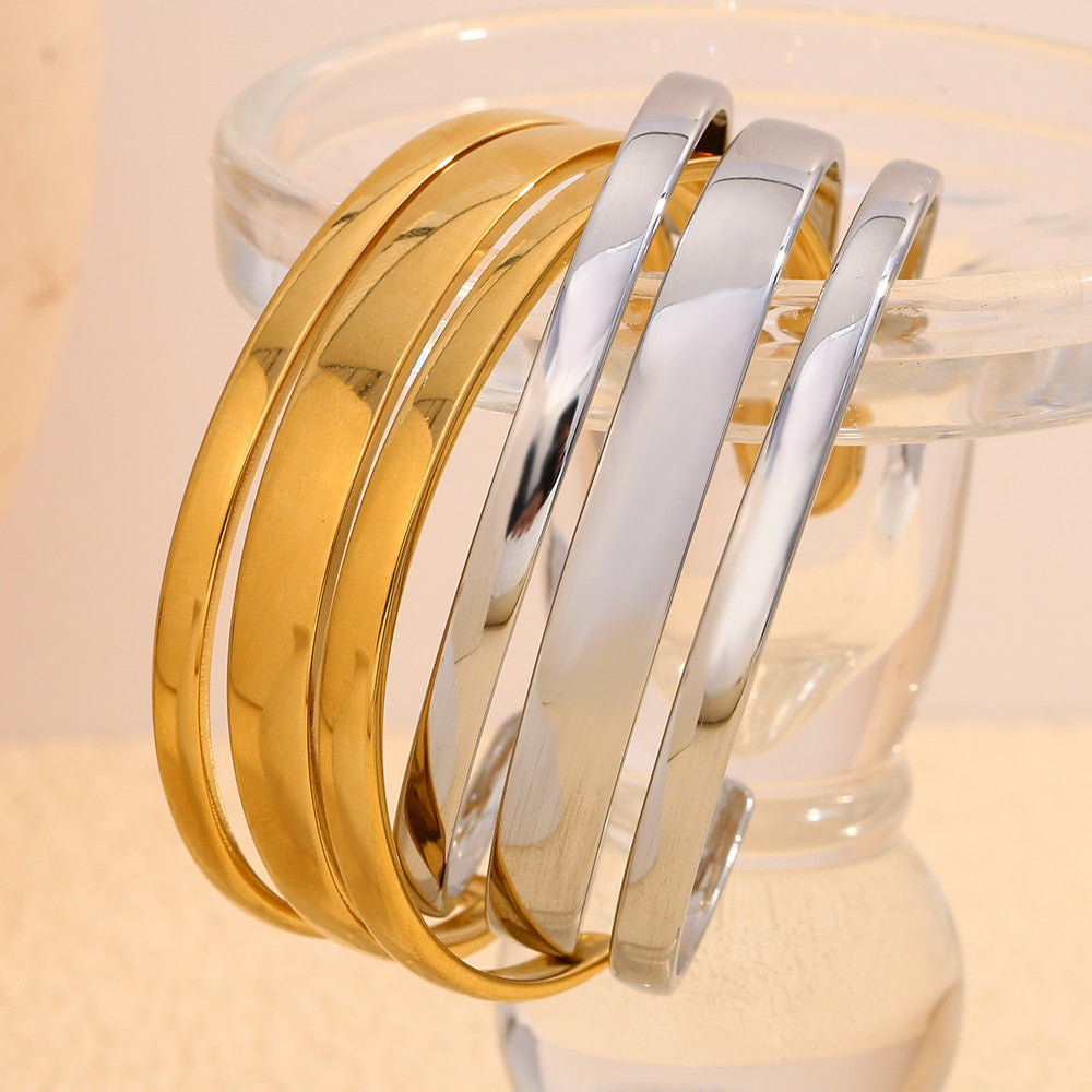 Ladies 18k Gold Stainless Steel Waterproof Wide Face Three Layer Bracelet