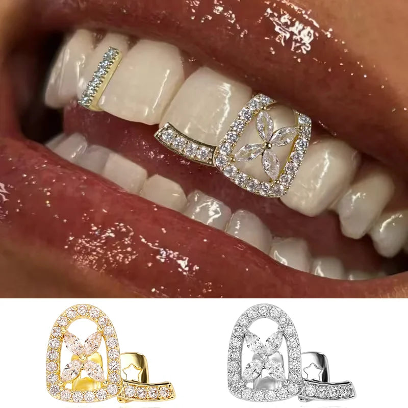 The Flower | Double Four-leaf Flower Iced Blinged  Out Hollow Horizontal Bar Tooth Grillz
