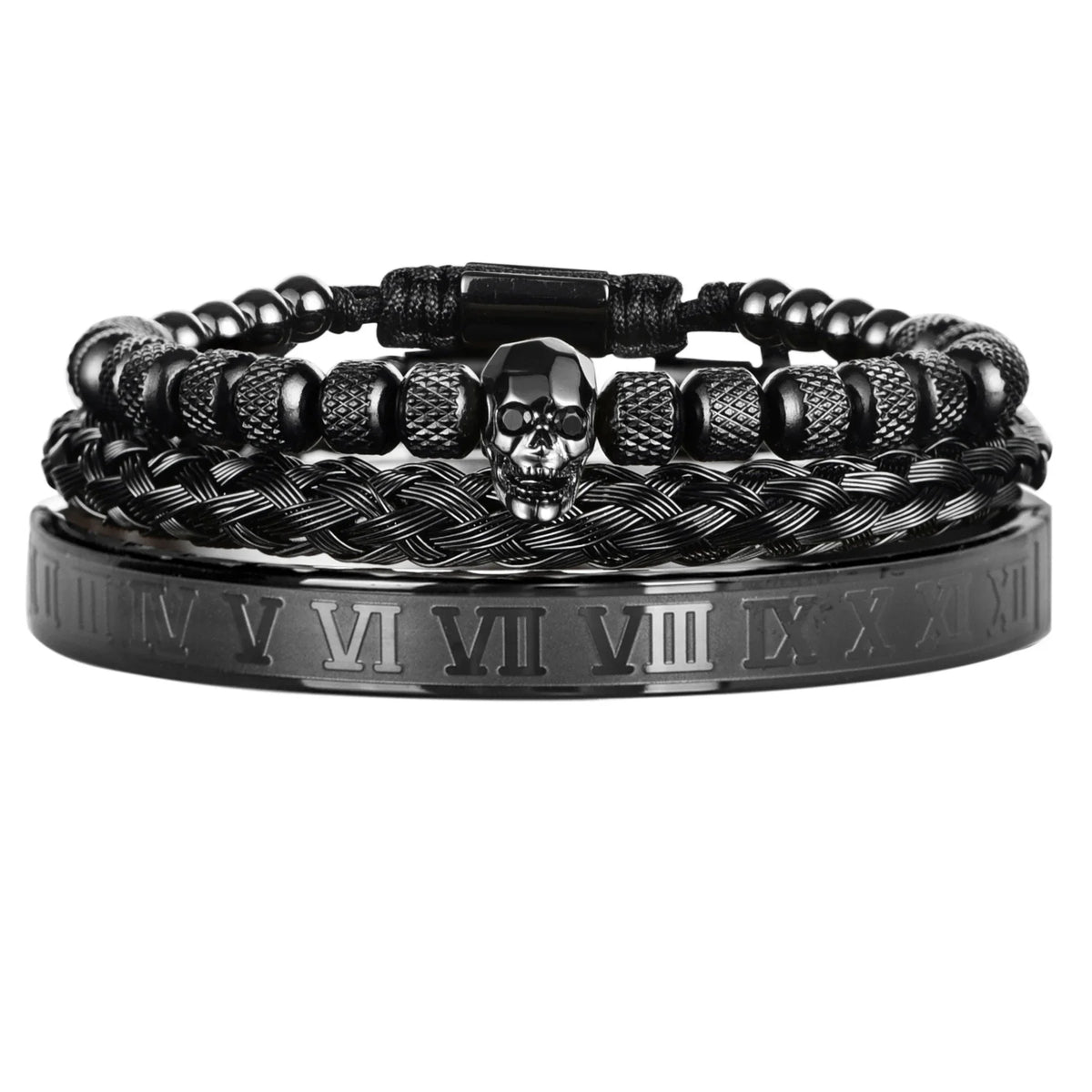 Skull Charm | No Fade Stainless Steel Black Roman Numeral Luxury Men's Bracelets