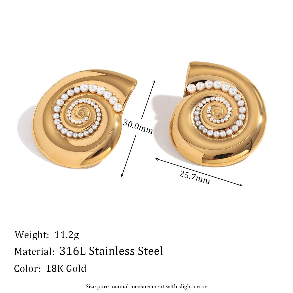 Ladies 316L Stainless Steel 18k Gold Waterproof Curved Hook Pearl Pendant Earrings