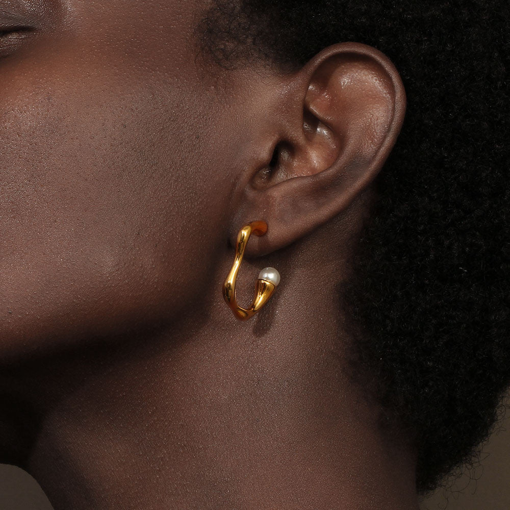 Ladies 18k Gold Silver No Fade Stainless Steel Smooth C-shaped Pearl Earrings