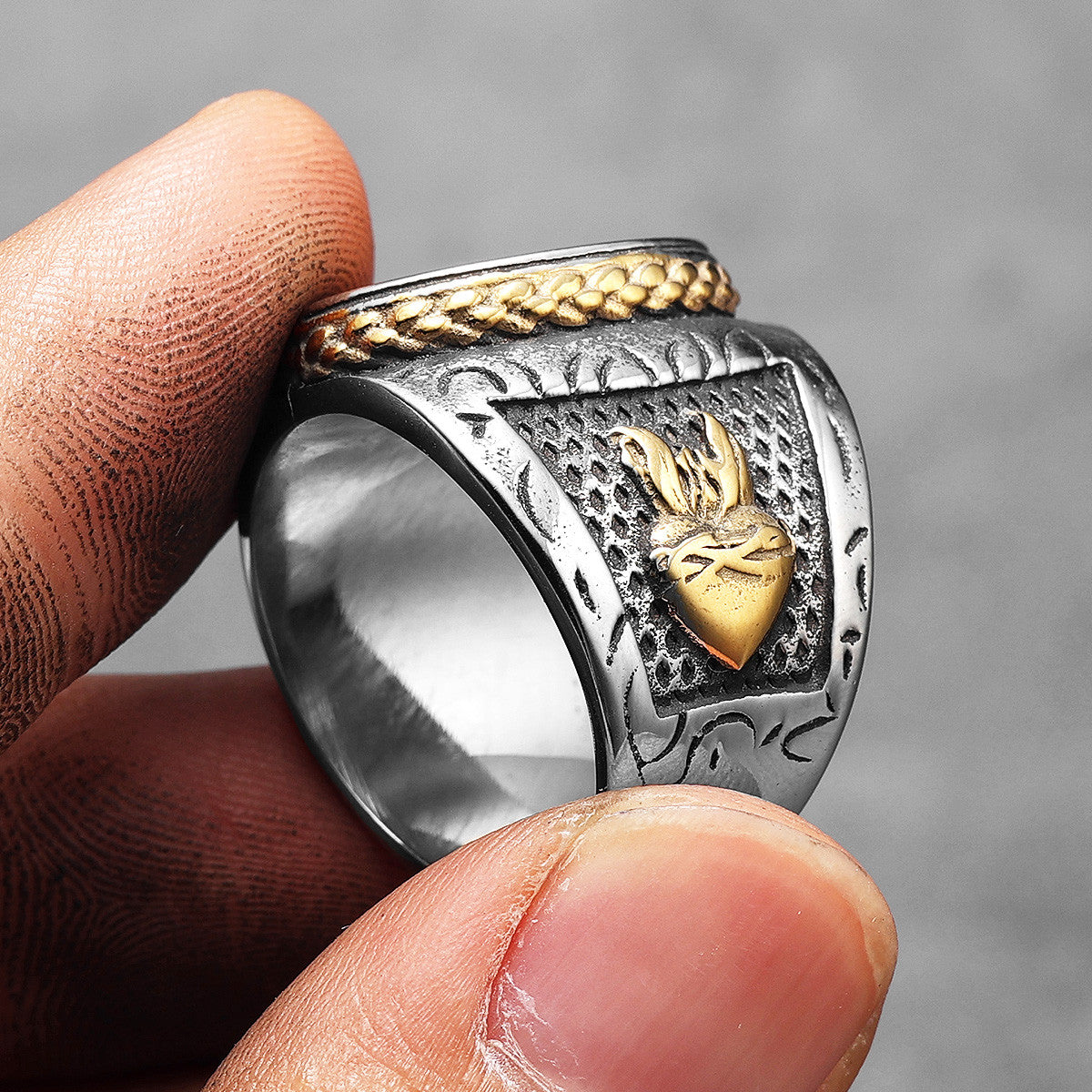 Praying Hands | 14k Gold over Solid Stainless Steel Cross Jesus Heart Men's Rings