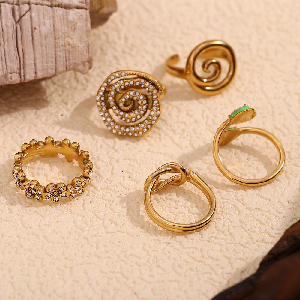 18k Gold Stainless Steel Flower Micro Inlaid Daisy Knot Double Layered Heart Rings