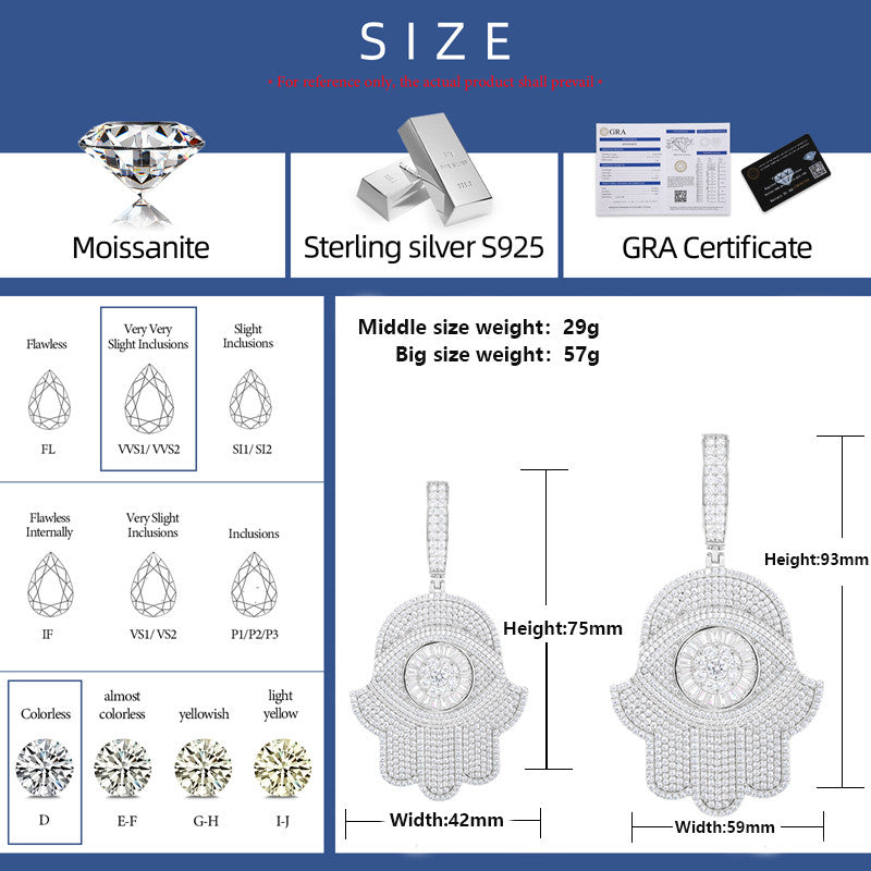 Iced Evil Eye | Moissanite Diamond Luxury 925 Silver Iced Blinged Out Fatima Hamsa Hand Pendant