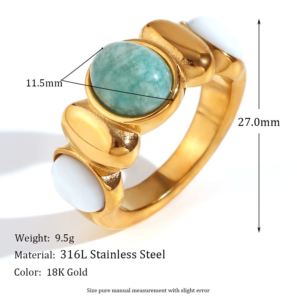 Ladies Oval Amazonite White Jade Heart 18k Gold Waterproof Stainless Steel Rings