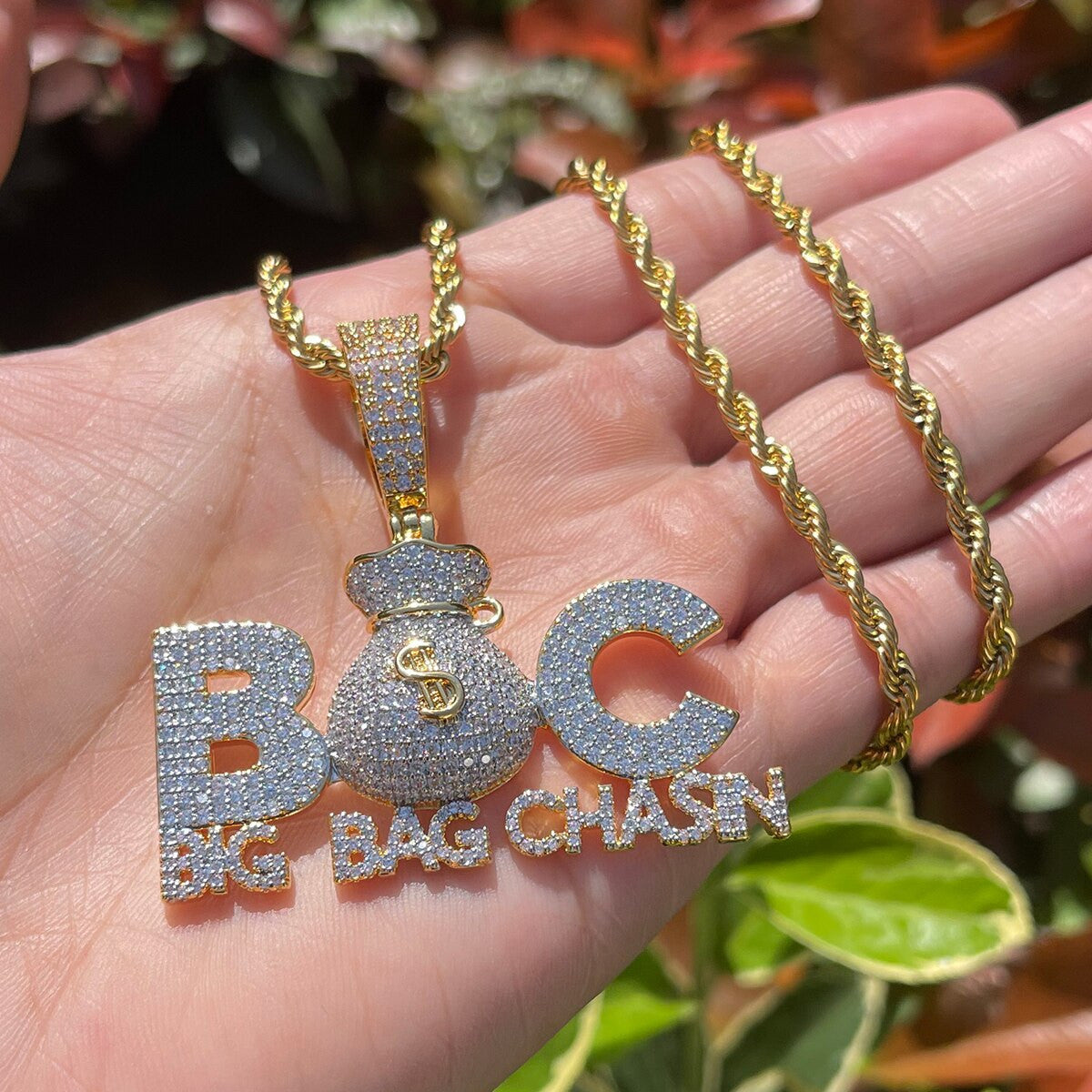 Big Bag Chasin | Iced Money Bag Blinged Out VVS Diamond CZ Hip Hop Pendant
