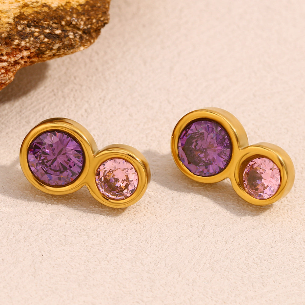 18k Gold Waterproof Stainless Steel Double CIrcle Pink Purple Ziron Stud Earrings