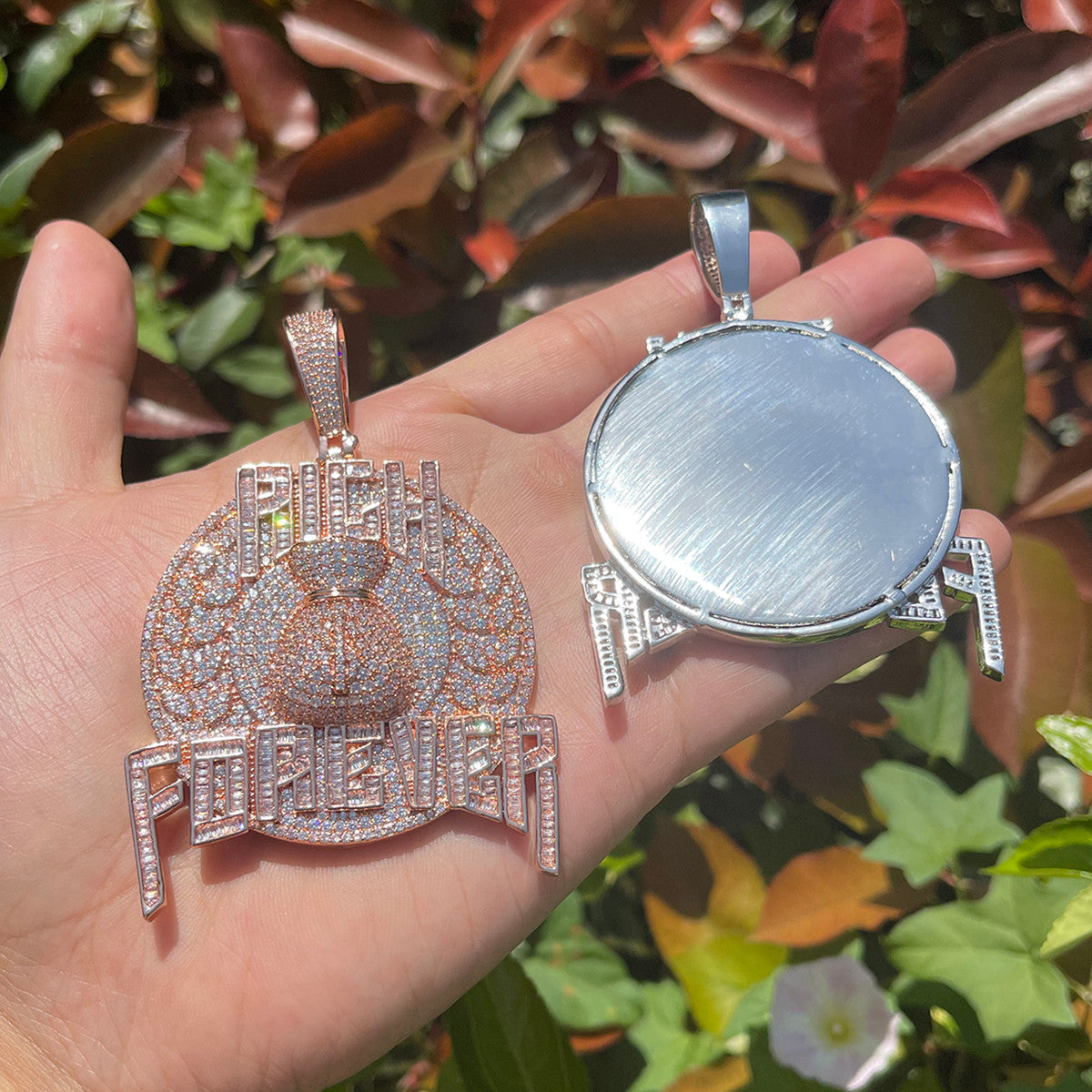 Mens Iced Blinged Out Rich Forever Nameplate Money Bag Hip Hop Pendant