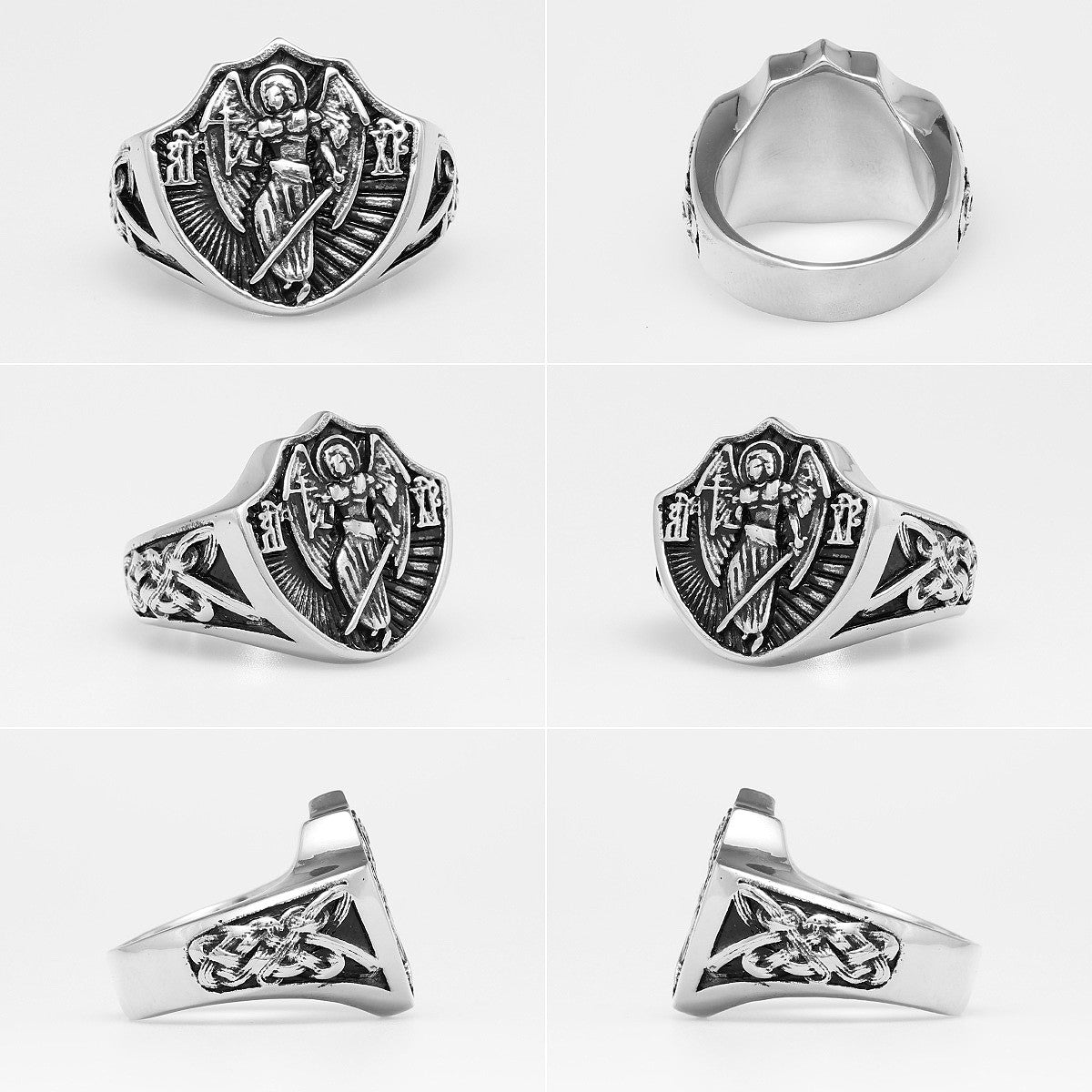 Mens Detailed 316L Stainless Steel Archangel St Michael Amulet Shield Street Wear Rings