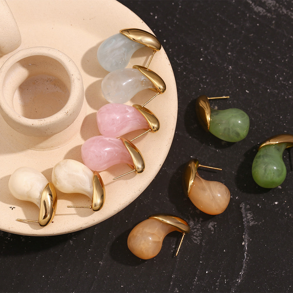Ladies 18k Gold Waterproof Stainless Steel Summer Style Candy Colored Resin Drop Earrings