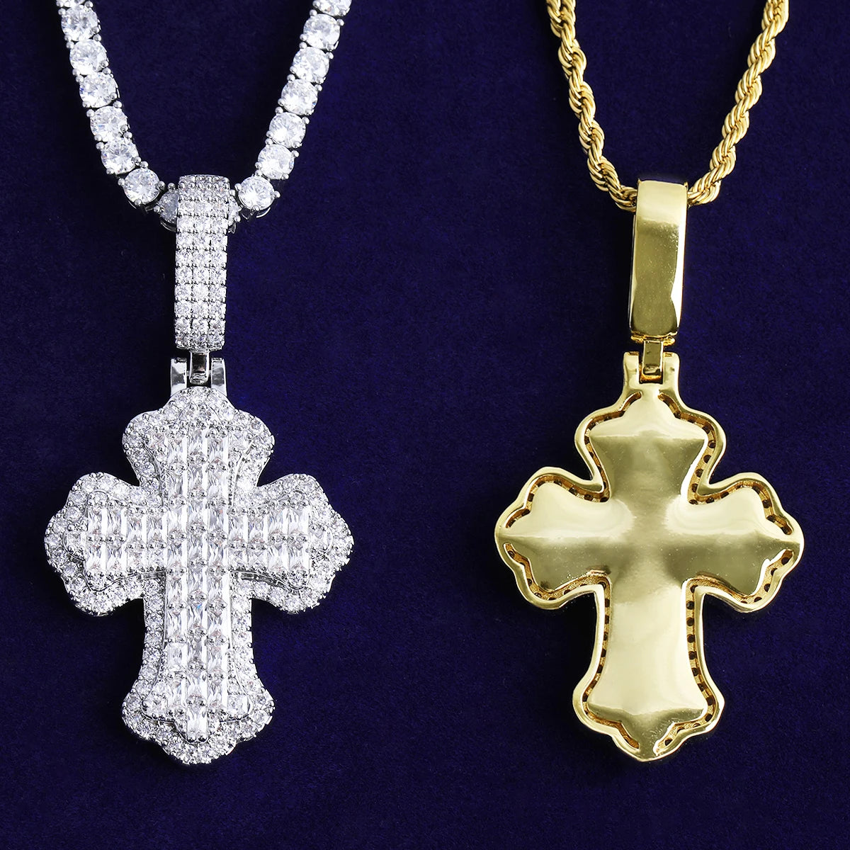 Baguette Wave | VVS Diamond CZ Iced Blinged Out Prong Set Cross Pendant Chain