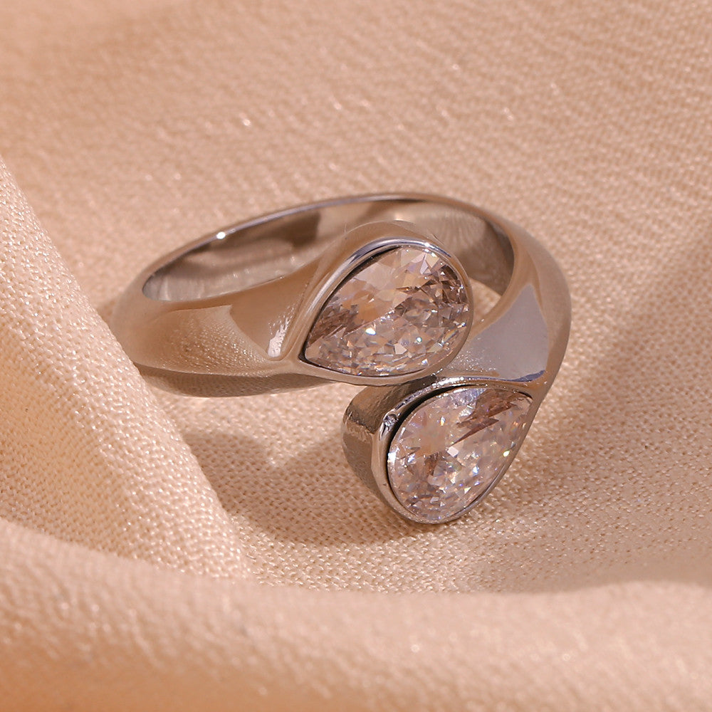 Womens Double Tear Drop CZ Bling Adjustable Waterproof Stainless Steel Rings