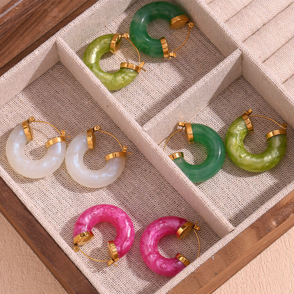 Ladies Acrylic Green Pink White Chunky 18k Gold Stainless Steel Acrylic Hoop Earrings