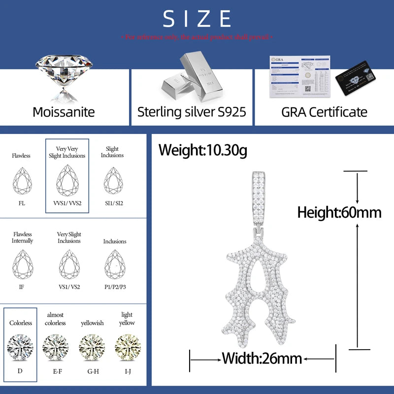 Ancient Text | Solid 925 Sterling Silver Moissanite Diamond Initial Letter Hip Hop Pendants